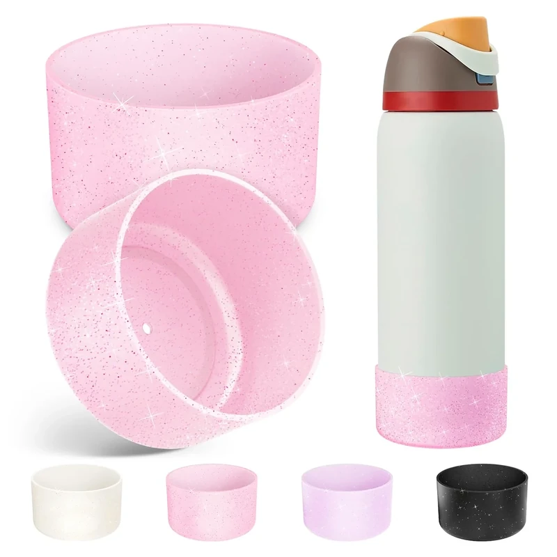 Alwenid 2PCS Silicone Water Bottle Boot for Owala 40 Oz, Anti-Slip Protective Sleeve Bottom Bumper Protector for FreeSip, Twist, and Flip Stainless Steel Water Bottles(Shiny Pink)
