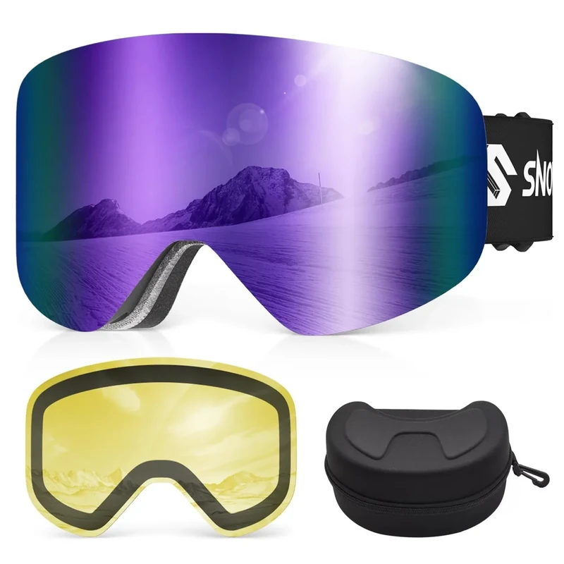 Snowalva Ski Goggles, Snowboard Goggles with 2 UV400 Anti-Fog Detachable Magnet Lenses for Men & Women Adult