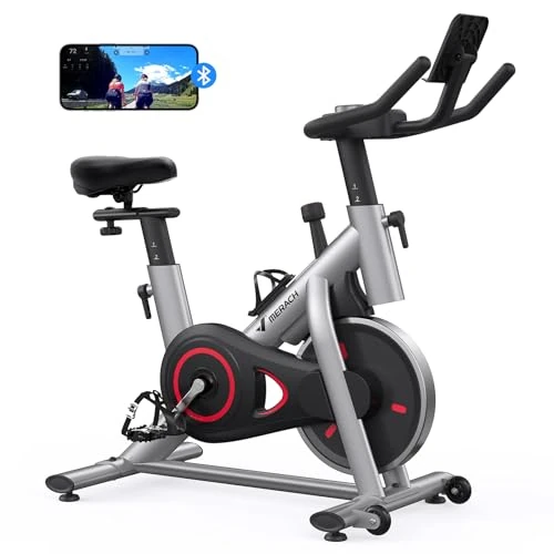 MERACH Exercise Bike, Brake Pad/Magnetic Stationary Bike with Exclusive App, Low Noise Indoor Cycling Bike with 270lbs Weight Capacity, Dumbbell Rack and Free Fitness Courses