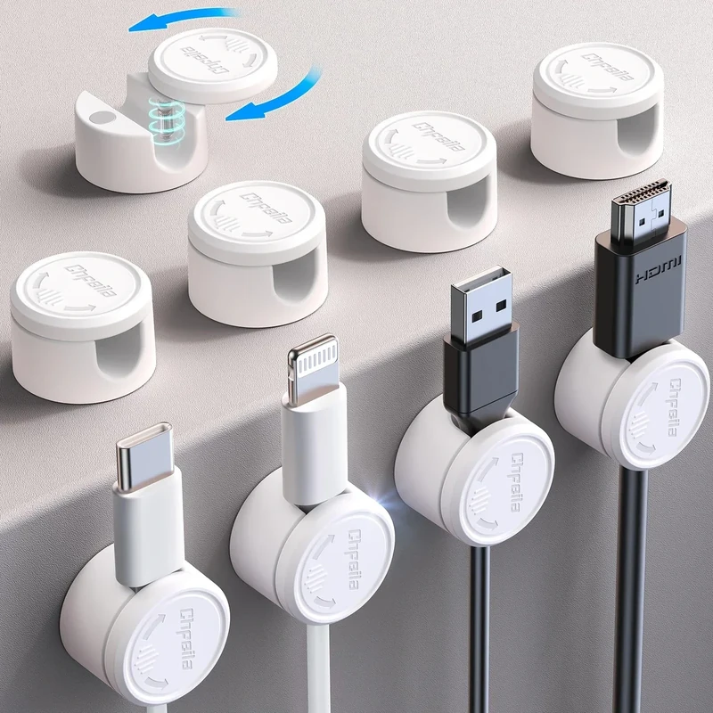 9 Pack Magnetic Cable Clips - Chfeila [Upgraded Twist-Lock] Cord Organizer, [360°Rotating Lid] Cable Management, Adhesive Wire Holder for Home Office Desk Desktop Nightstand Car Table Wall (White)