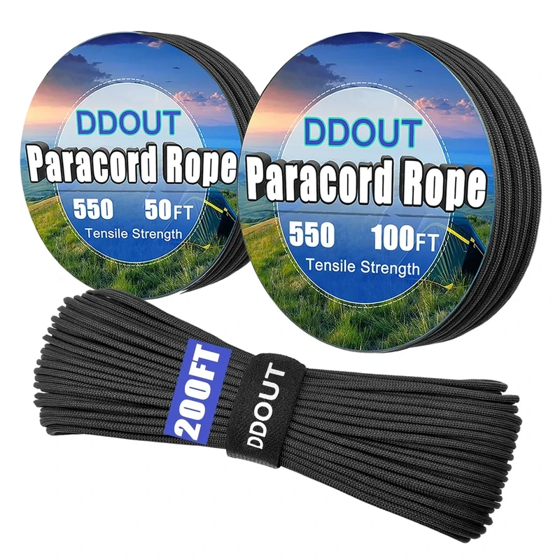 DDOUT Paracord Nylon Rope Black 200ft with 7-Strand Core, 10 Colors and 50/100/200 ft, Type III Parachute Cord 4mm for Camping, Survival, Hiking, DIY, Crafting, Outdoor Utility Rope