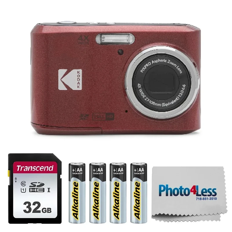 KODAK PIXPRO FZ45 16MP Digital Camera with 4X Optical Zoom 27mm Wide Angle and 2.7" LCD Screen Bundle with 32GB SD Memory Card, AA Batteries (4 Pack), Lens Cleaning Cloth (Red)