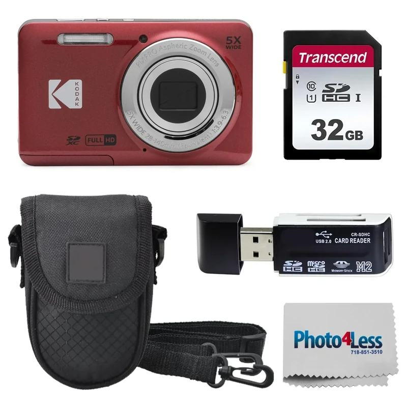 KODAK PIXPRO FZ55 16MP Digital Point & Shoot Camera, 5X Optical Zoom, 28mm Wide Angle, 1080P Full HD Video, Bundle with 32GB SD Card, Protective Case, and Hi-Speed Card Reader (Red)