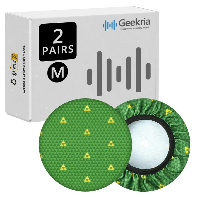 Geekria 2 Pairs Flex Fabric Headphones Ear Covers - Product Safety Certified - Washable & Stretchable Earcup Protectors for Over-Ear Headsets, Sweat Pads for Gym (Green Triangle/Size M)