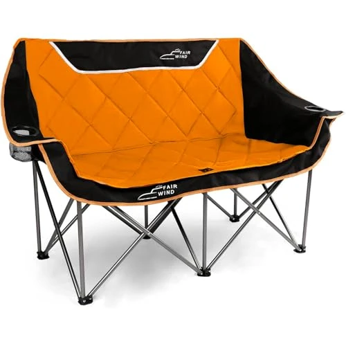 FAIR WIND Oversized Fully Padded Camping Chair Folding Loveseat Camping Couch Double Duo Chair Heavy Duty Quad Fold Chair Arm Chair with Cup Hold - Supports 650 LBS Apricot