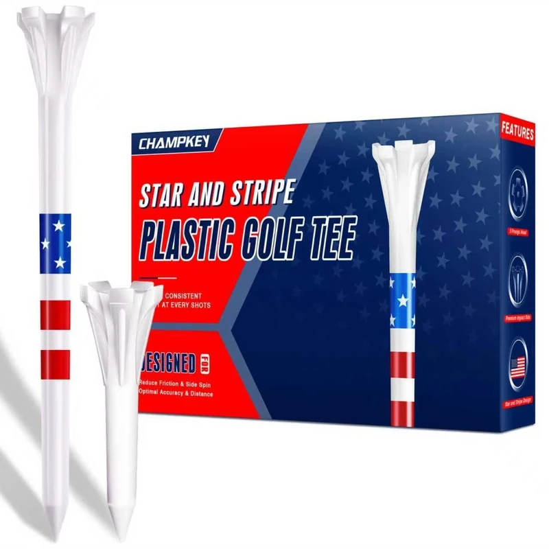 CHAMPKEY 5-Prong Plastic Golf Tees 120 Pack - Star and Stripe Marking System Golf Plastic Tees - Includes 100 Pcs 3-1/4" and 20 Pcs 1-1/2" Plastic GLF Tees (3-1/4")