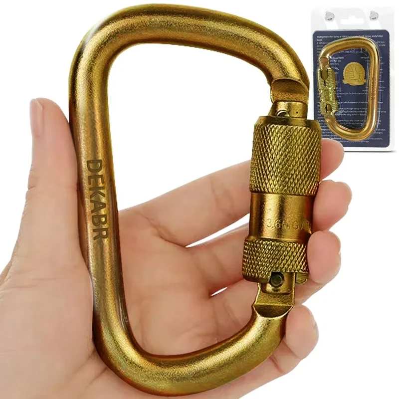 DEKABR Heavy Duty Steel Auto-Locking Climbing Carabiner - 45KN Twist Lock Carabiner for Rock and Tree Climbing, Quick Release, Rescue, and Mountaineering. ANAB Certified, 4.21-inch, Large, Gold