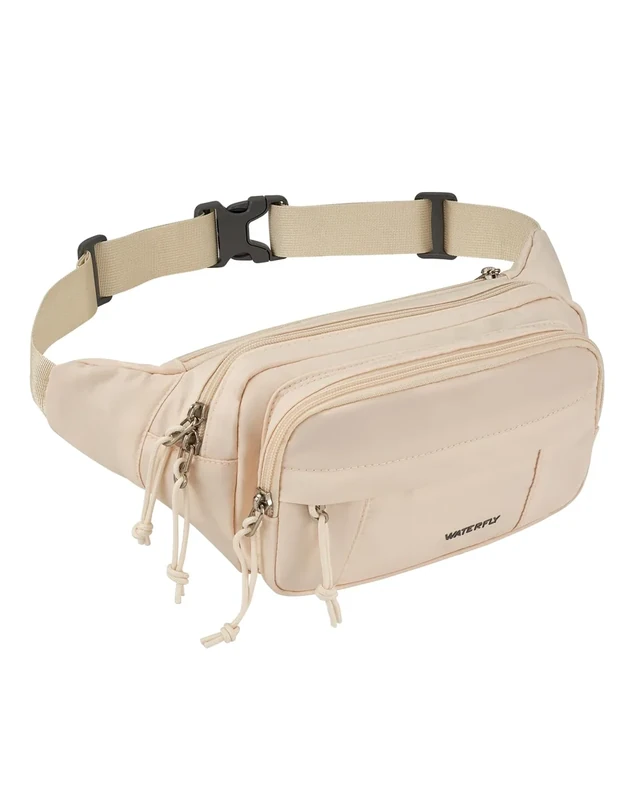 WATERFLY Fanny Pack Waist Packs: Large Crossbody Fanny Packs for Women Men with 5 Zipper Pockets Adjustable Strap Waist Bags Hip Pack for Traveling Cycling Running Hiking-White
