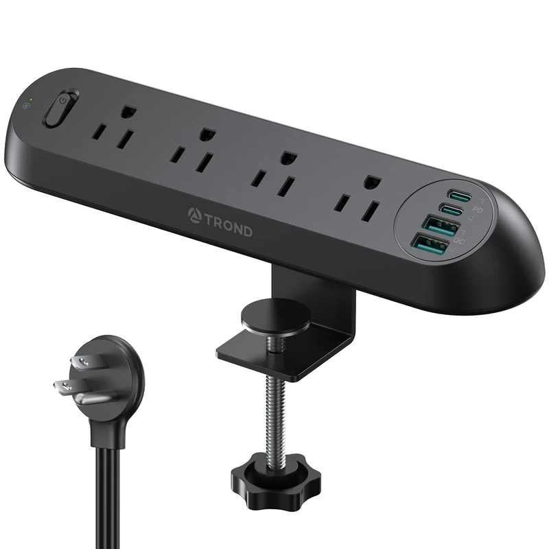 TROND Desk Clamp Power Strip USB C PD 20W- Surge Protector with 4 AC Outlets 4 USB Ports, Flat Plug 6ft Extension Cord, 1700J, ETL Listed, Fits 1.97 in Tabletop Edge, for Home Office Desk Accessories