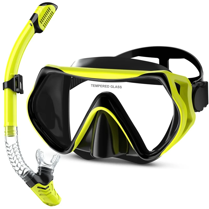 MELUMILU Snorkeling Gear for Adults, Dry Snorkel Set 180° Panoramic Wide View Anti-Fog Scuba Diving Mask, Professional Snorkel Gear for Free Breathing, Swimming, Diving (Black&Yellow)
