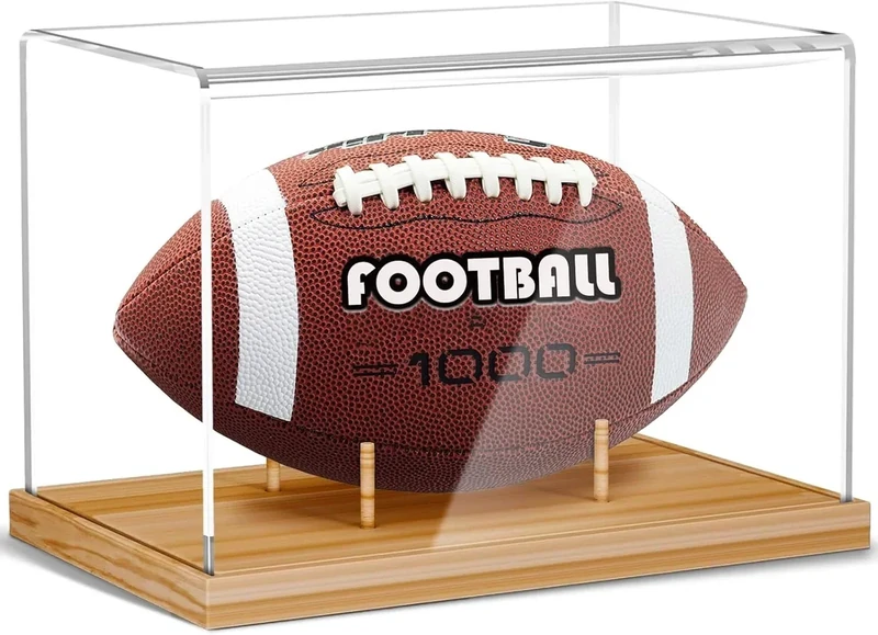 KKU Football Display Case, Acrylic Football Case with Wooden Base One-Piece Design, Autographed Football Holder for Football Fans & Collectors, Sports Collectibles, No Assembly Required - Original