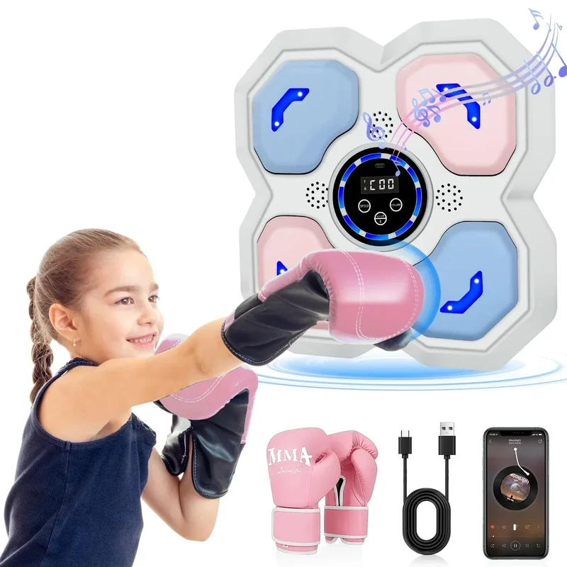 JUOIFIP Music Boxing Machine for Kids, Boxing Trainer Kids Workout Equipment with Boxing Gloves, Wall-Mounted Boxing Music Workout Machine, Box Music Punch for Home,Office..Pink and Blue