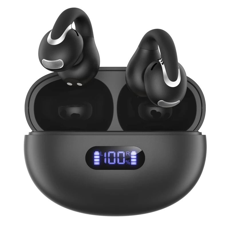 Jzones Open Ear Clip Wireless Earbuds Bluetooth 5.4, Lightweight Comfort Sports Bone Conduction Headphones Built-in Mic for Clear Audio, Stable Fit Earphones 24H Play-Black