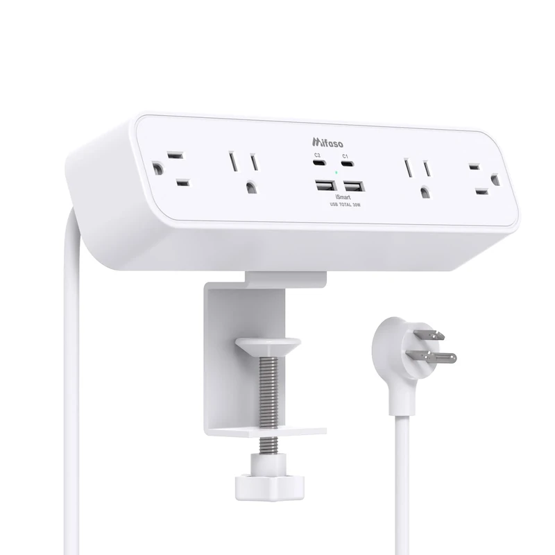 Mifaso PD30W Clamp Power Strip - 4 Outlets, 4 USB (2 C), 30W PD, 5ft Cord