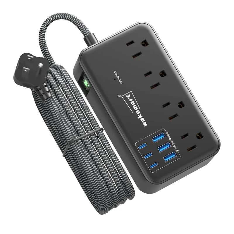Waksmart Surge Protector Power Strip (2800J), 8 AC Outlets with 6 USB Ports 4.8A/24W Charging Station for iPhone 15 Series, 5ft Flat Extension Cord, Wall Mount for Home, Travel, Office
