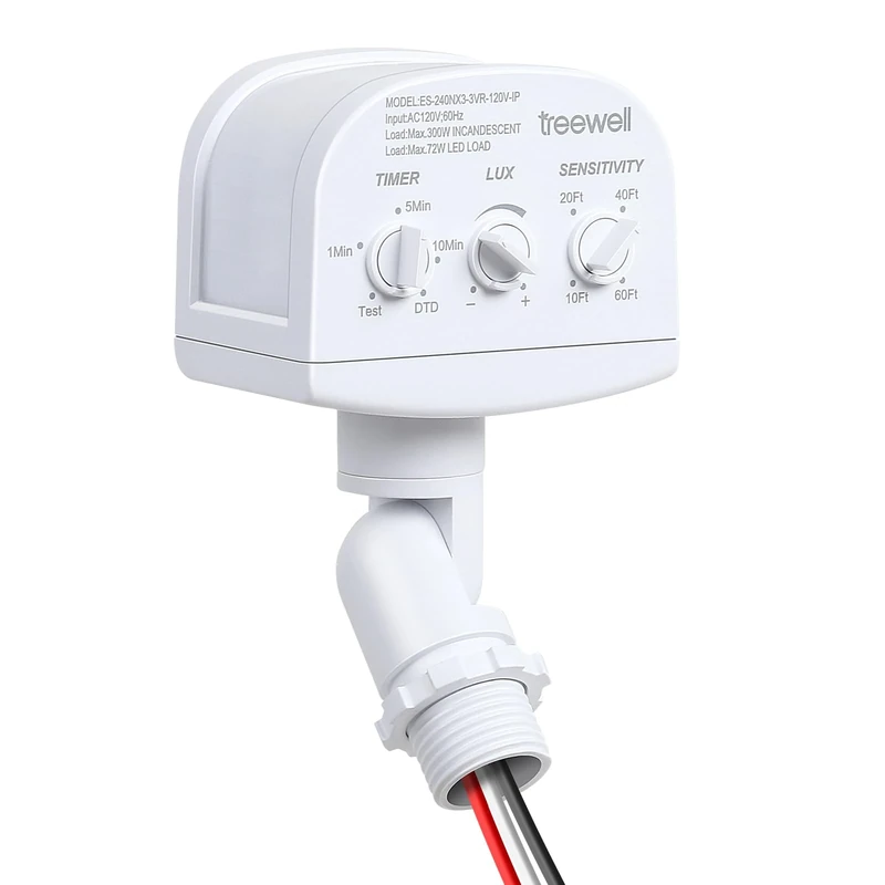 TREEWELL 240-Degree Replacement Motion Sensor, Adjustable LUX(5-300) & Time & Detection Sensitivity Up to 60 Feet Range, 3 Working Modes Outdoor Motion Detector for Security Floodlight, White
