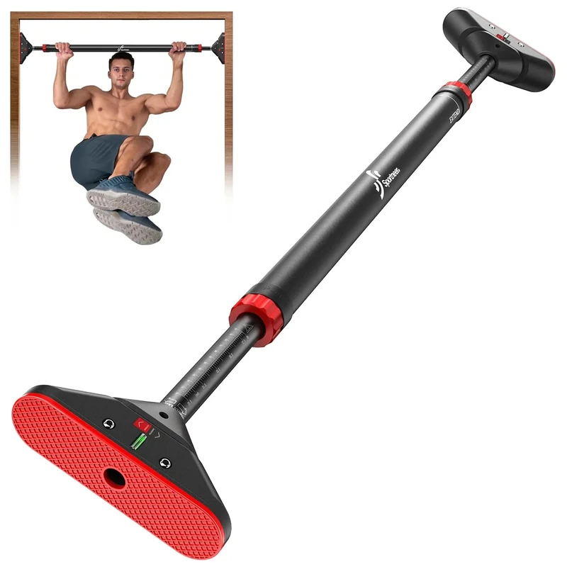 Pull Up Bar for Doorway: Sportneer Strength Training Pull-up Bars without Screw - Adjustable Width Locking Mechanism Chin Up Bar, Thickened Steel Max Limit 440 lbs Upper Body Fitness Pullup Bars for Home (Black-Red)