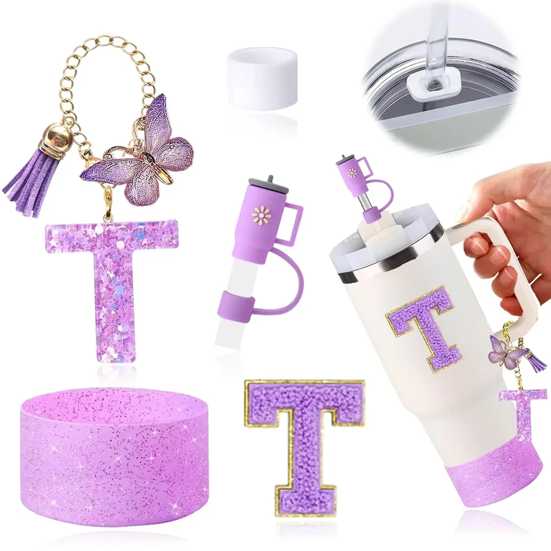 AiScrofa Stanley Cup Accessories Set of 6 PCS, Including Letter Stickers, Letter Chains, Straw Caps, Cup Sleeves, and Spill Proof Stoppers, Purple, 30 Oz 40 Oz, Water Bottle Carrier Set
