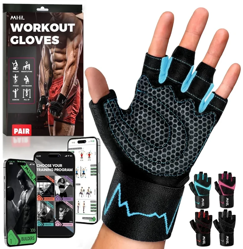 MhIL Workout Gloves for Men – Comfortable Gym Gloves for Men with Enhanced Grip for Safety and Hand Protection – Weight Lifting Protection with Wrist Wraps Support for Performance Boost and Style