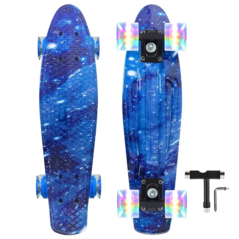 Nattork Skateboards 22 Inch Mini Cruiser Blue Skateboard Complete Retro Skate Boards with Colorful Light Up PU Wheels for Kids Girls Boys Beginners