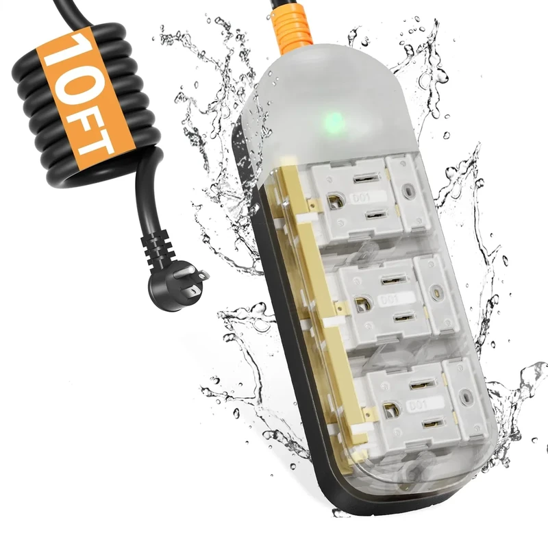 CAKINKON 10FT Outdoor Power Strip - 3 Outlets, 1625W Surge, Shockproof