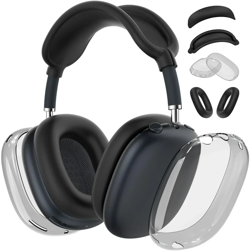 for AirPods Max Case Cover, Anti-Scratch Ear Pad Case Cover/Ear Cups Cover/Headband Cover for Apple AirPods Max Headphones (2024/2020), Clear TPU Transparent and Silicone Accessories, Black [4 in 1]