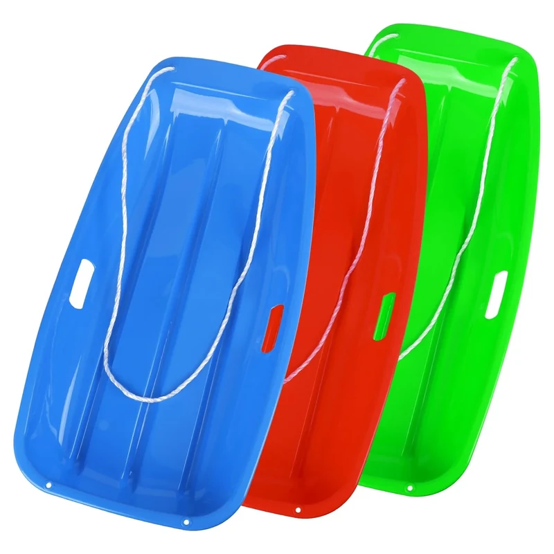 35 inch Snow Sled, Plastic Sled with Leash 2 Handles., Wider and Thicker,Accommodates 2 Peop（Blue+Red+Green 3pack）