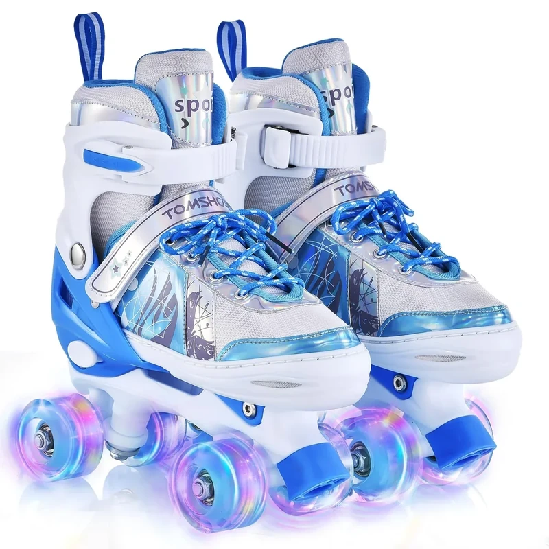 TOMSHOO Children's Roller Skates with 4 Sizes, Adjustable, LED Wheels, Multiple Size Options, for Christmas and Birthday Gifts, Size M, Blue