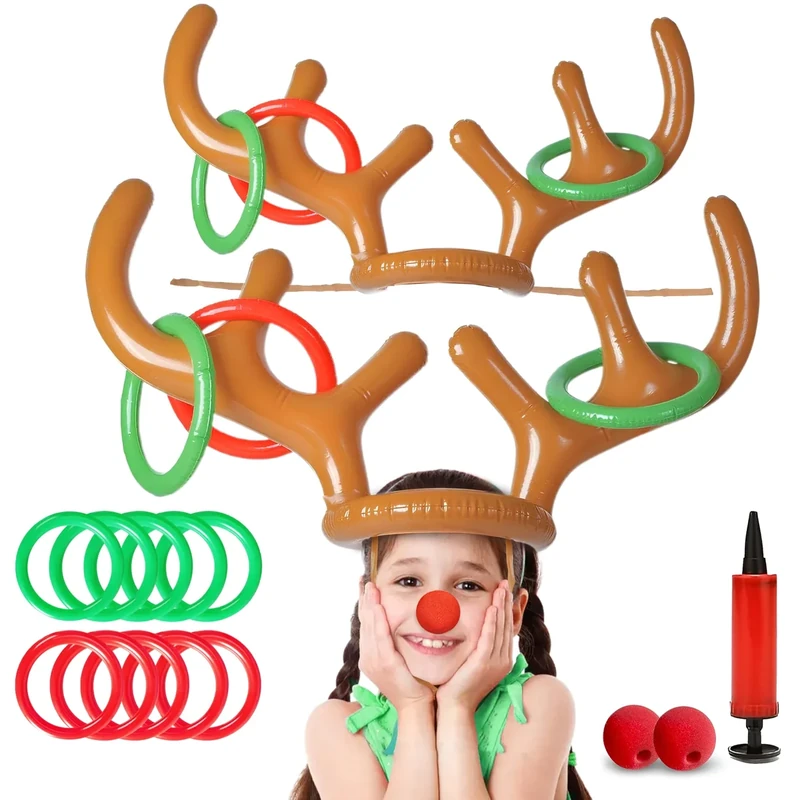 CircleCraft Inflatable Reindeer Antler Ring Toss Game Set – 2025 Christmas Party Games for Families – Includes 2 Antler Hats, 10 Rings, Red Reindeer Noses, and Pump – Perfect for Holiday Fun