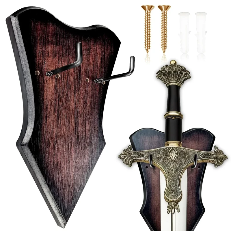 FLURSAILE Sword Plaque Wall Mount Vertical Display Holder Adjustable Stand for Bow Medieval Dagger Axe (1pcs Medium Brown)
