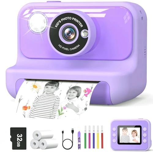 Gofunly Kids Camera - Instant Print, 1080P HD Video, 32GB Card, Purple