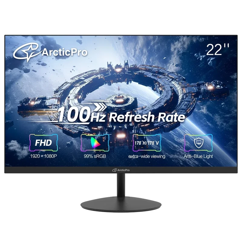ArcticPro 22 inch 100Hz Monitor, Full HD (1920 x 1080p) Computer Monitor, 105% sRGB, 3000:1 Contrast, 3-Sided Frameless, Ultra Slim, VESA, LowBlue Mode, Tilt Adjust, HDMI *1, VGA*1