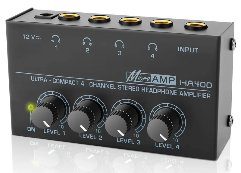 HA400 Headphone Amplifier -4 Channel Metal Stereo Audio Amplifier, Mini Earphone Audio Amplifier with 12V 1A Power Adapter, 1/4" TRS Headphones Output and TRS Audio Input for PC Guitar Studio Stage