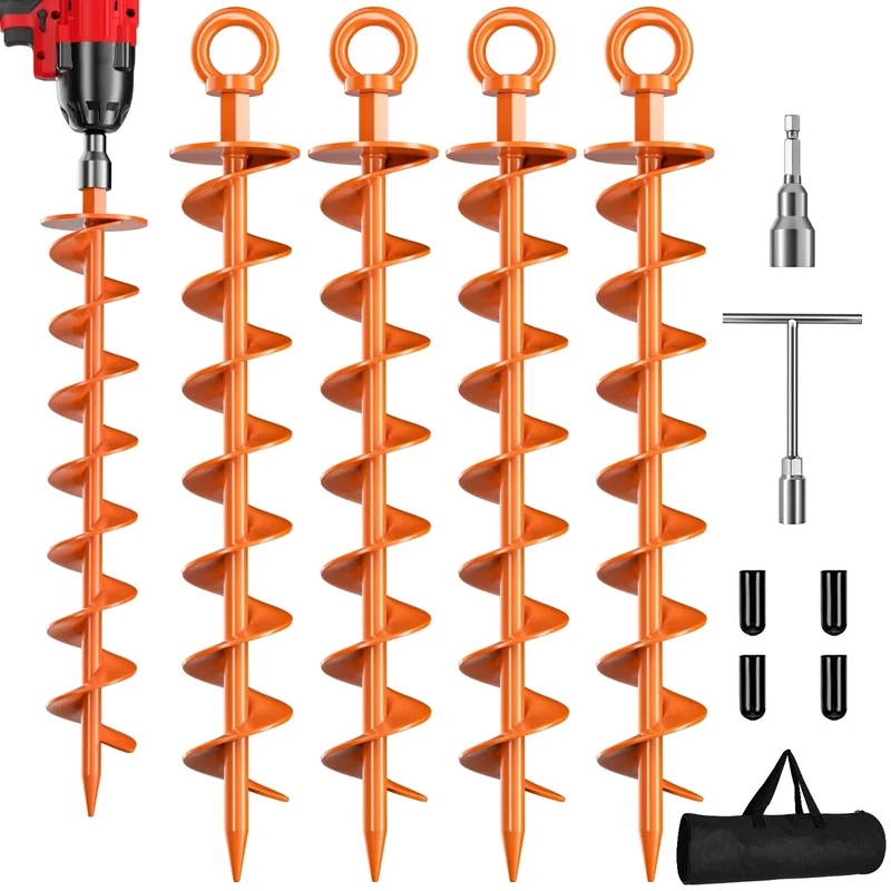 Phopich Ground Anchor Screw in, 4 Pack Spiral Trampoline Anchors with Nut and Tool Swing Set Anchors Tent Stakes High Wind Heavy Duty for Sheds, Carports, Mobile Home Orange