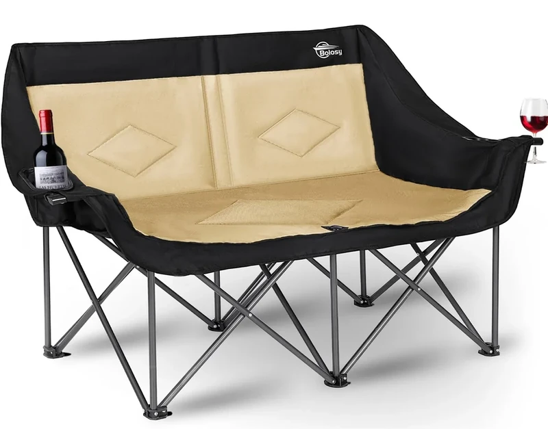 Bolosy Double Camping Chair Loveseat Camping Chair Double Folding Chair Camp Chairs for Adults Heavy Duty Two Person Camp Chair Padded Camping Couch 2 Person Lawn Chairs - Support 650 lbs - Khaki
