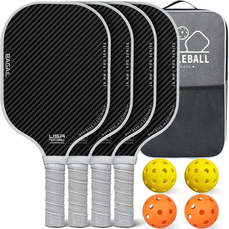 BAGAIL Pickleball Paddles, USAPA Approved Fiberglass Surface Pickleball Set, Lightweight Pickle Ball Rackets with 4 Balls, 1 Bag, Designed in California for Traction and Stability - 4 Pack, Gray