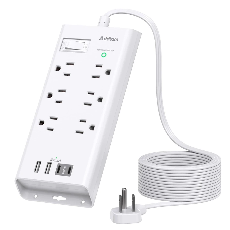 10ft Flat Plug Extension Cord, Surge Protector Power Strip With 6 Outlets and 4 USB Ports (2 USB C), Multiple Outlets for Home Dorm Room Essentials