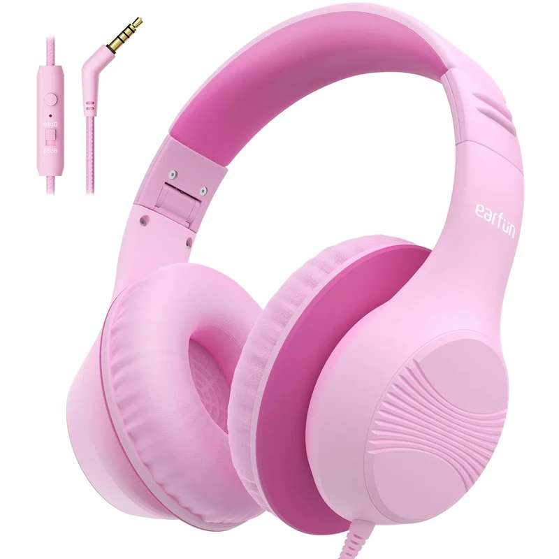 EarFun K3 Kids Headphones, Over Ear Headphones with Microphones, 85/94dB Safe Volume Limit, HD Stereo Sound, 3.5mm Jack, Foldable Wired Headphones for School/Travel/Boys/Girls/Tablet/iPad, Pink