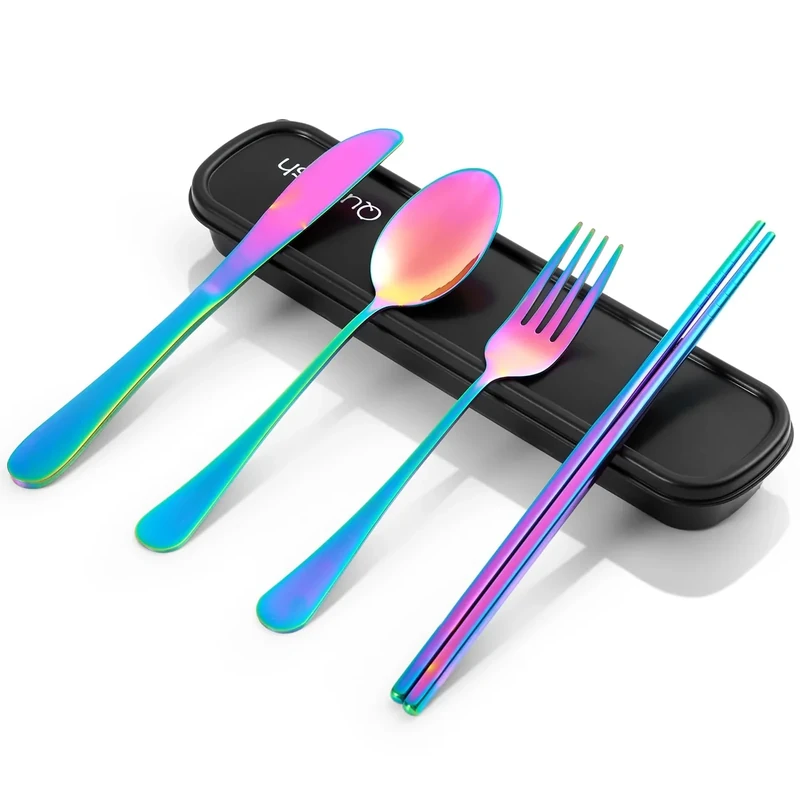 Travel Utensils with Case, Quatish 5 Piece Stainless Steel Silverware Set for Work, Portable Reusable Travel Cutlery Set, Fork and Spoon Set for Picnic, Camping, Gadgets, Lunch Box for Men, Rainbow