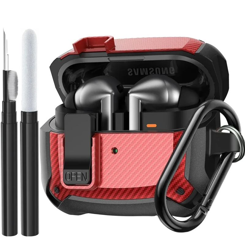 Compatible Samsung Galaxy Buds 3 Pro Case/Bud 3 Cover Clip with Cleaner Kit, Military Shell Protective Armor Case Cover with Lock & Carabiner for Galaxy Buds 3/3 Pro 2024 Men Women Black Red