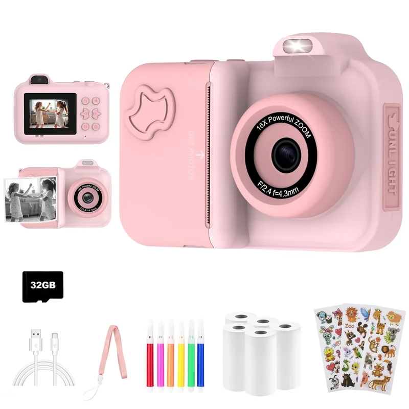 MISIRUN Kids Camera - 1080P HD Lens, 32GB Card, Print Paper, Ages 4-12