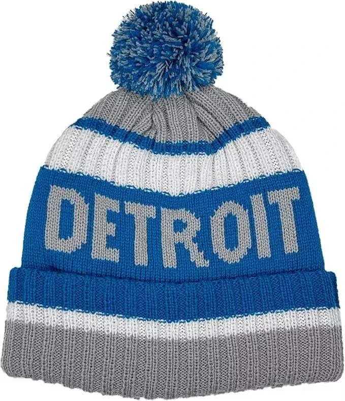 aoenbork Detroit Beanie Knit Hat with Pom Winter Cuffed Cap Sport Fans Gift