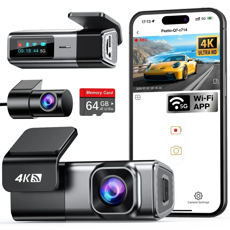 Navycrest 4K Front & Rear Dash Cam - 64GB Card, 5G WiFi, Parking Mode