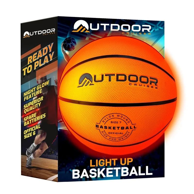 Outdoor Cruiser Light Up Basketball - Waterproof Rubber Construction, Glow in the Dark, Glows Up to 30 Hrs with Tap Activation, Complete Set with Pump & Spare Batteries, Official Size 7, For Ages 8-15