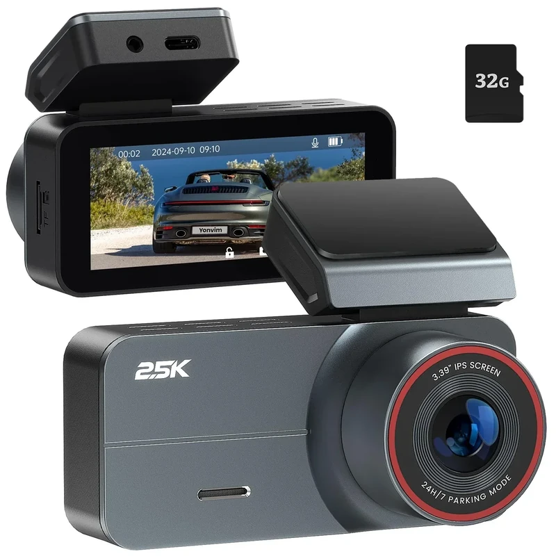 Yonvim 2.5K Dash Cam，Dash Camera for Cars with 32GB Card & 3.39" IPS Screen - 160° Wide Angle, Loop Recording for Night/Day Security,G-Sensor, Support 256 GB Max