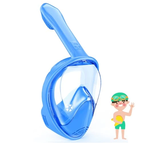 Kids Snorkel Mask Full Face, Snorkeling Gear for Kids 2-14 with Camera Mount, 180 Degree Panoramic View Snorkeling Set Anti-Fog Anti-Leak (Dark Blue)