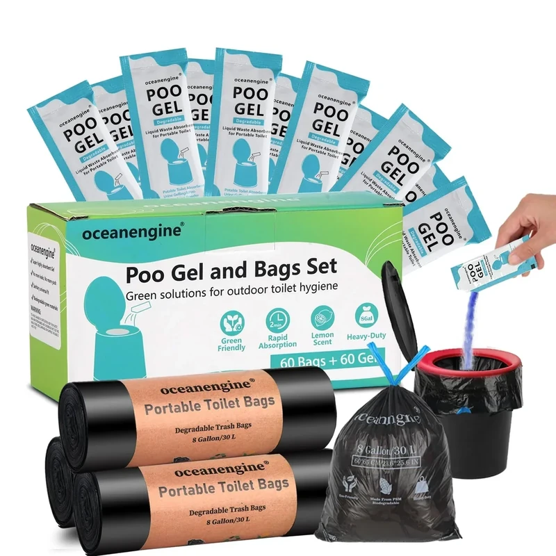 Portable Toilet Bags Poo Gel Set, 8 Gallon Camping Toilet Bag with Portable Absorbent Gel, Compostable Potty Bag for Camping Outdoor Hiking