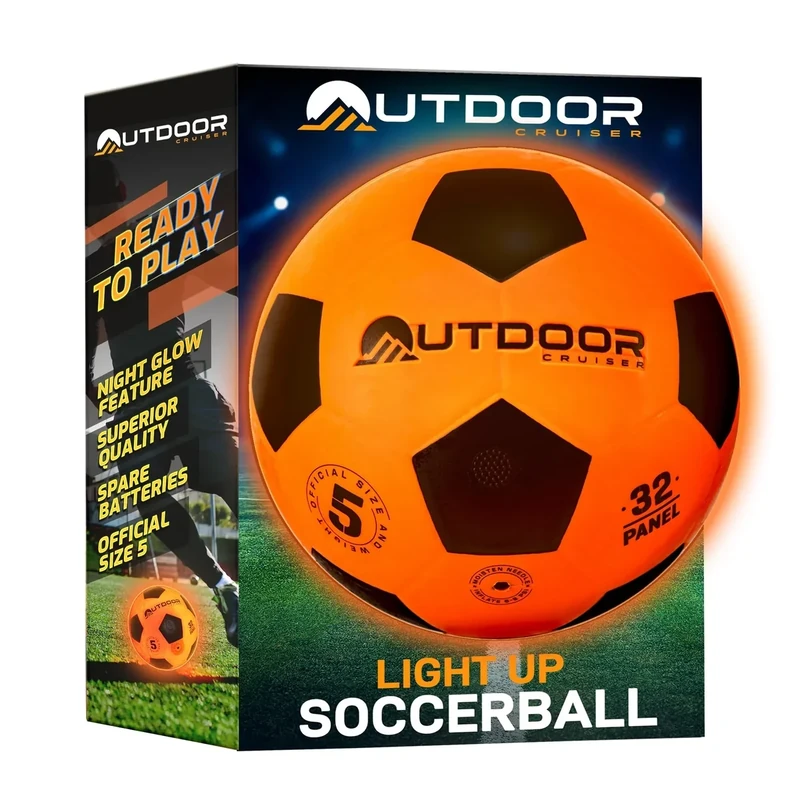 Outdoor Cruiser Light Up Soccer Ball - Waterproof Rubber Construction, Glow in the Dark, Glows Up to 30 Hours with Tap Activation, Complete Set with Pump & Spare Batteries, Official Size 5, Ages 8-15