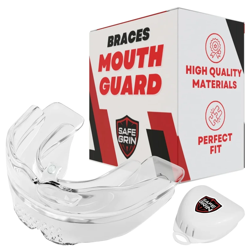 Mouth Guard for Sports - Premium Silicone Upper & Lower Teeth Protection - Football, Lacrosse, Hockey, Baseball - Fit for Youth and Teens (Transparent, MouthGuard for Braces)