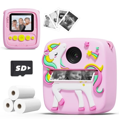 Prysyedawn Kids Camera Instant Print, Christmas Birthday Gifts for Kids Age 3-10, 1080P Digital Camera with Silicone Cover, Toddler Portable Travel Toys for 3 4 5 6 7 8 Year Old Girls Boys-Pink